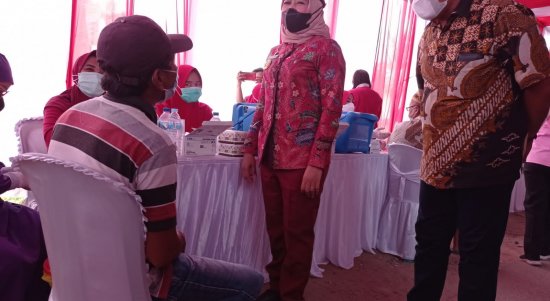 Bupati Tulangbawang Winarti bersama Dirut PT Pusri Palembang Tri Wahyudi Saleh meninjau pelaksanaan vaksinasi. Foto Ist.